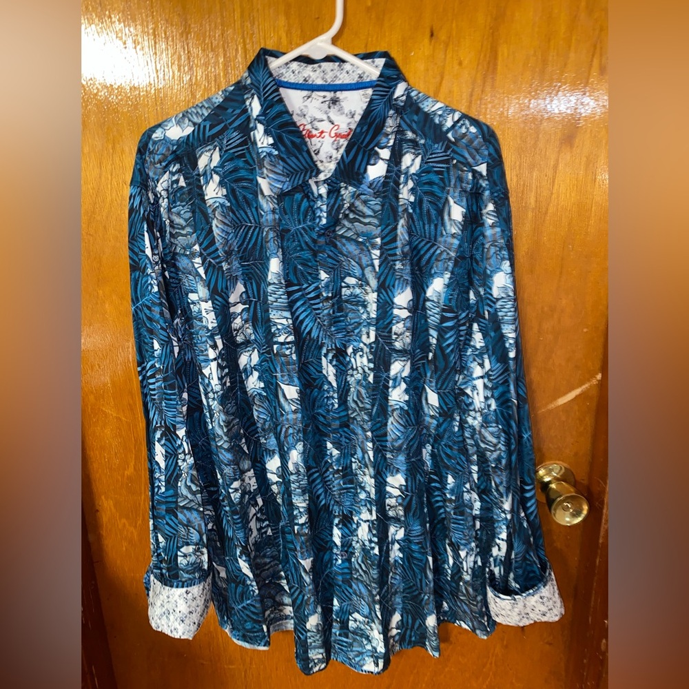 Robert Graham Men’s Button Down Shirt 4XL Blue/White Floral W/ Geometric Cuffs